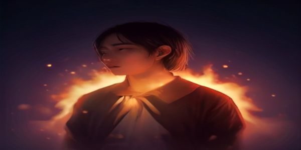 韩国剧情电影《燃烧》艺术感画面，夕阳余晖下男主角凝视远方燃烧的温室，画面色调金黄充满文学气质